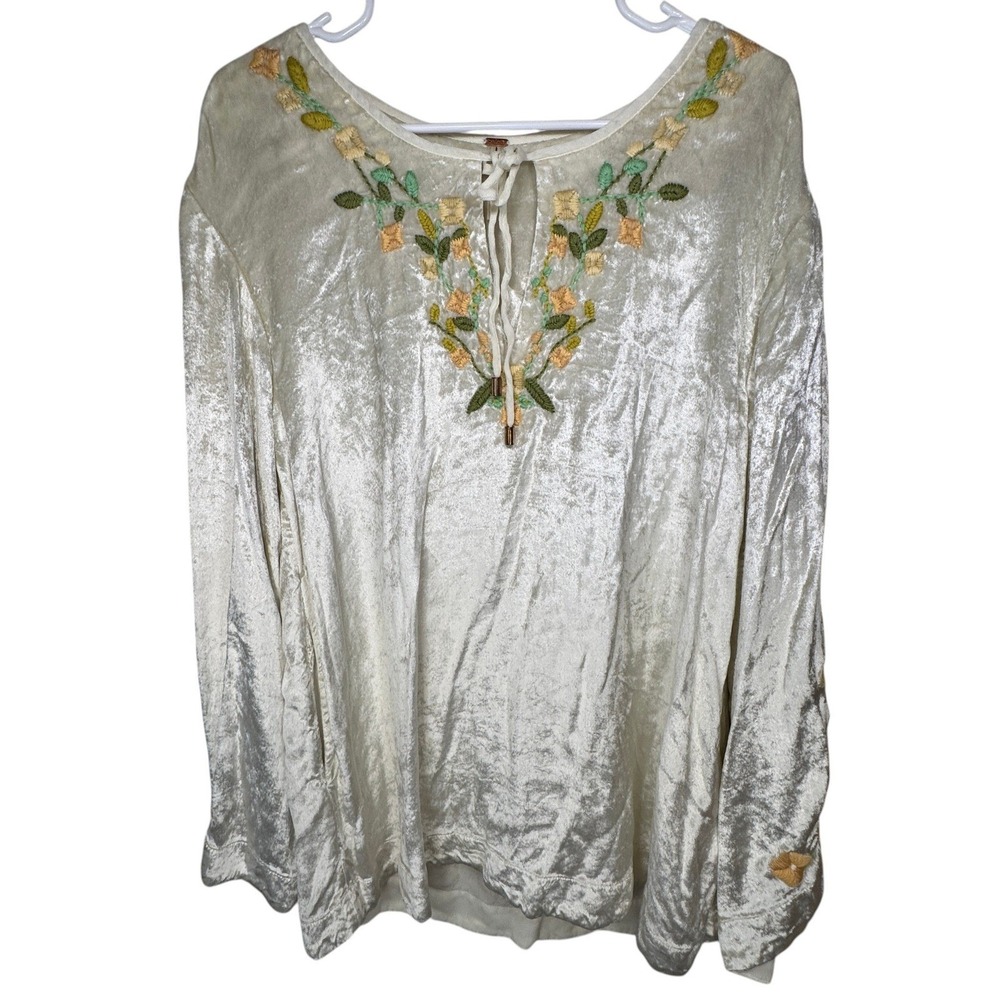 Free People Ember‎ Embroidered Floral Tunic Top Womens Small Cream Velvet NWOT
